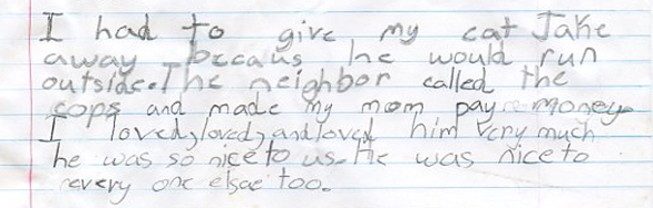 Letter from young child who loved Jake the cat